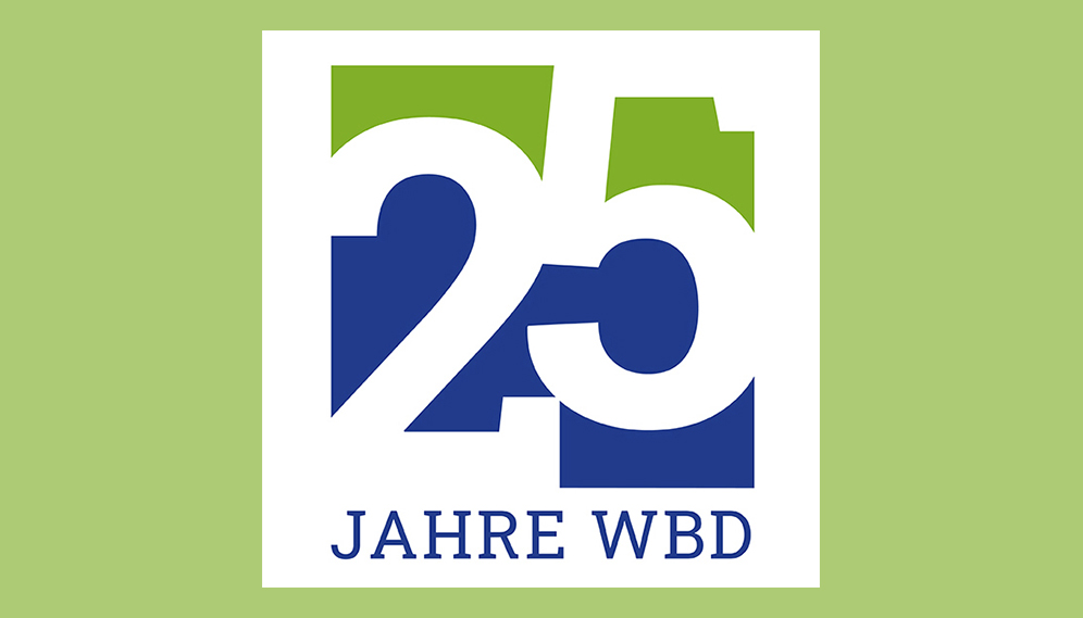 Jubiläumslogo der WBD mit der Zahl 25 in blauer Farbe vor blauem und grünem Hintergrund und dem Text "JAHRE WBD" darunter