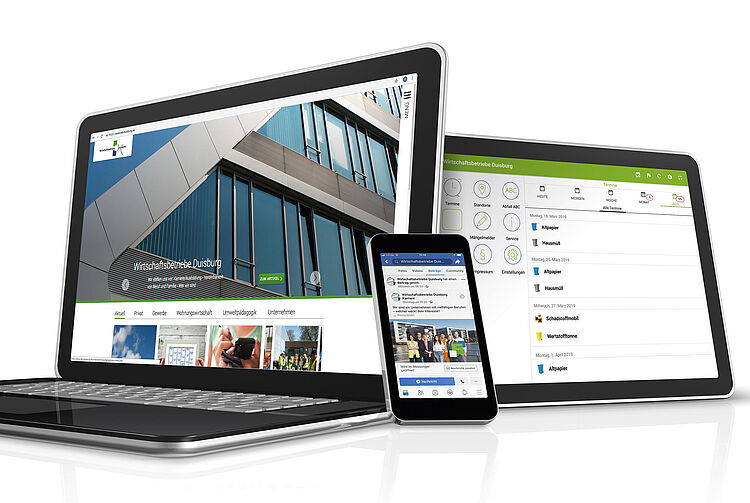 Laptop, Tablet und Smartphone zeigen verschiedene Ansichten der Website und Social-Media-Kanäle der Wirtschaftsbetriebe Duisburg