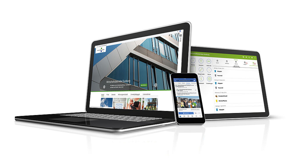 Laptop, Tablet und Smartphone zeigen verschiedene Ansichten der Website und Social-Media-Kanäle der Wirtschaftsbetriebe Duisburg