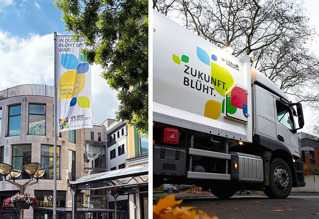 Links Fahne mit buntem IGA-Logo in Duisburger Fußgängerzone, rechts weißer LKW mit buntem IGA-Logo und dem Text 'ZUKUNFT. BLÜHT.'