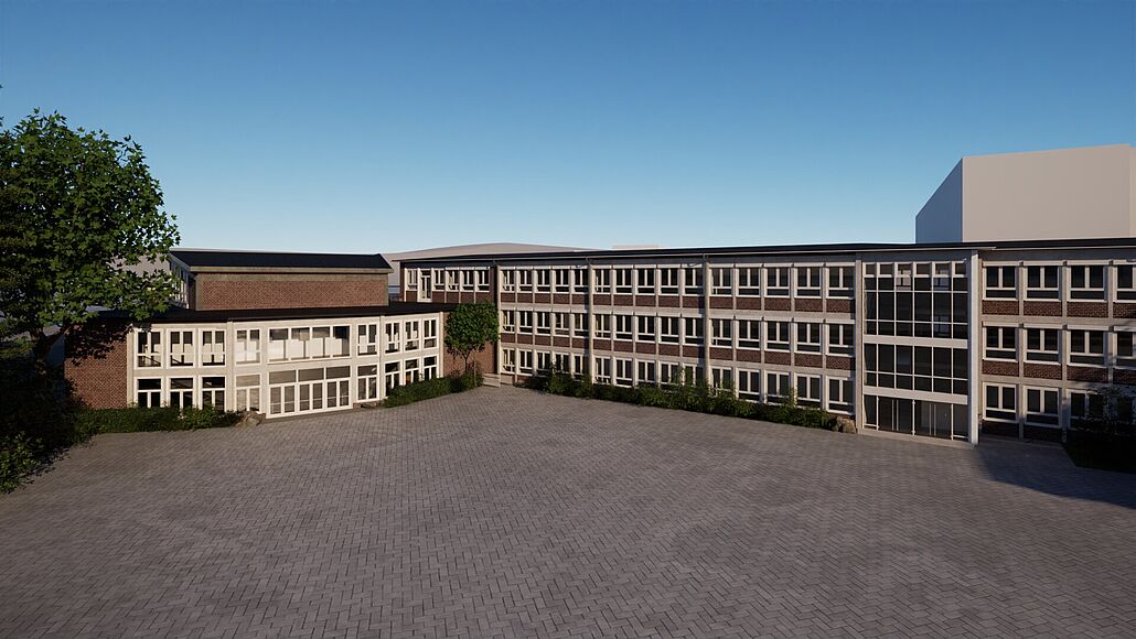 Computermodelliertes Bild zeigt ein großes, mehrstöckiges Schulgebäude mit vielen Fenstern und gepflastertem Vorplatz