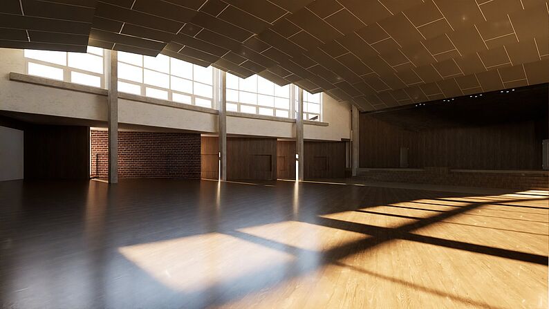 Computermodelliertes Bild zeigt große leere Aula mit Holzboden, hohen Fenstern und sichtbaren Deckenpaneelen, durch die Sonnenlicht in rechteckigen Mustern fällt