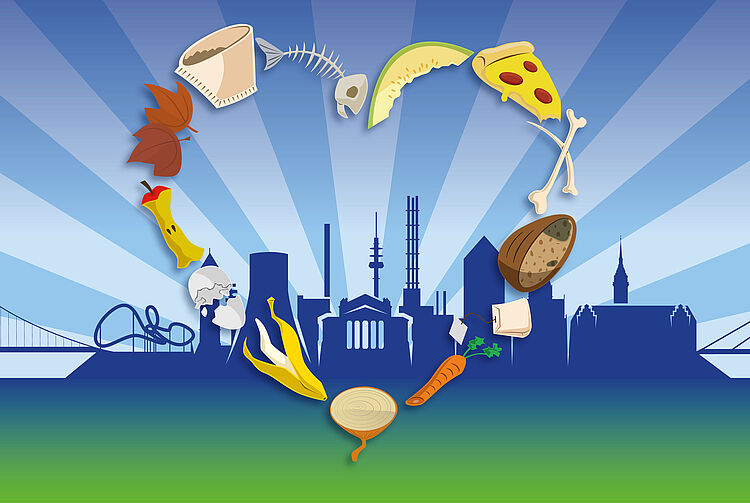 Illustrative Stadt-Silhouette Duisburgs mit Brücke und Industrieanlagen, darüber ein Herz aus verschiedenen Bioabfällen wie Bananenschale, Pizzastück, Kaffeefilter, Fischgräte und Karotte