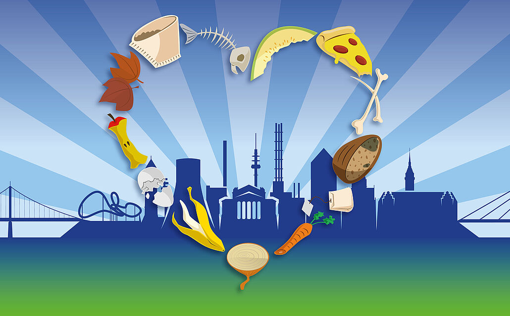 Illustrative Stadt-Silhouette Duisburgs mit Brücke und Industrieanlagen, darüber ein Herz aus verschiedenen Bioabfällen wie Bananenschale, Pizzastück, Kaffeefilter, Fischgräte und Karotte
