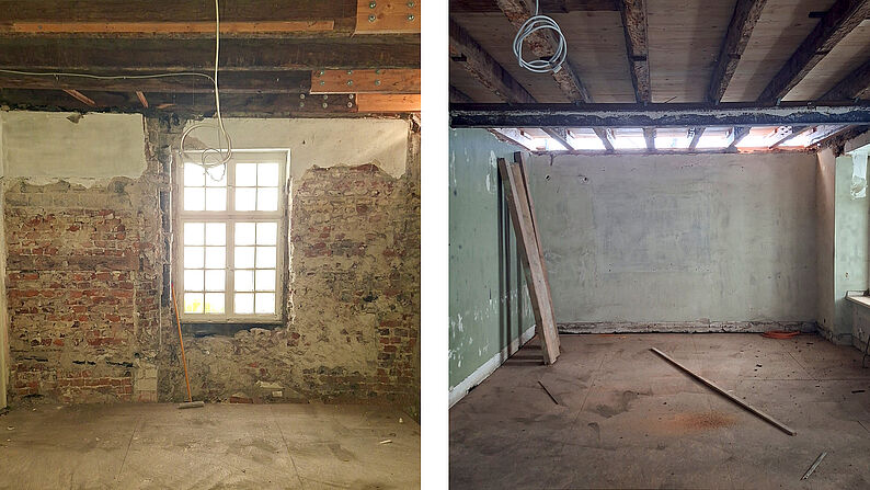 Zwei nebeneinander gezeigte Innenräume mit sichtbaren Deckenbalken und teilweise freigelegten Wänden, links ein Fenster mit Kreuzsprossen, rechts ein längliches Fenster nahe der Decke