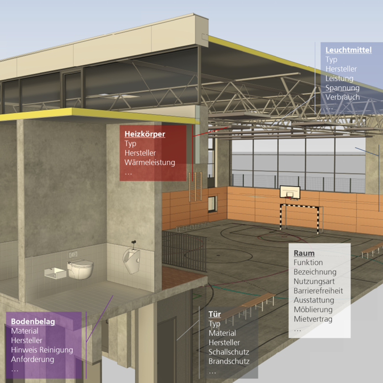 Schnittdarstellung einer Sporthalle mit Beschriftungen zu Heizkörper, Leuchtmittel, Fenster, Bodenbelag, Tür und Raum in farblich hinterlegten Textfeldern