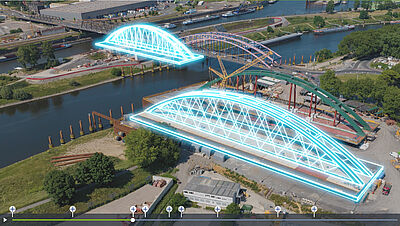 Modellhafte Darstellung der Bauphase der der OB-Karl-Lehr-Brücke mit zwei  Brückenbögen, die in leuchtenem Blauton hervorgehoben sind.
