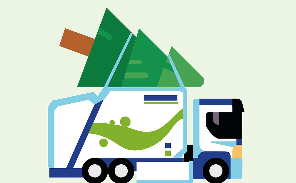 Illustration eines Lastwagens mit einem großen grünen Tannenbaum auf der Ladefläche, stilisiert und farbig.