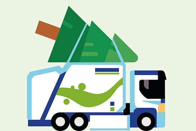 Illustration eines Lastwagens mit einem großen grünen Tannenbaum auf der Ladefläche, stilisiert und farbig.