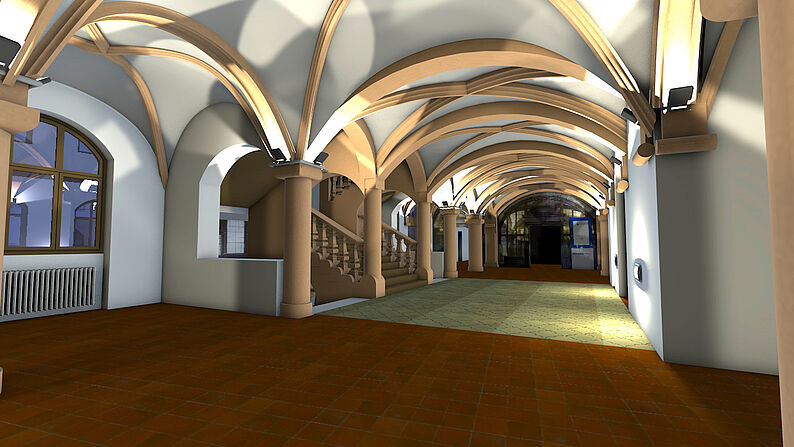 Computermodelliertes Bild zeigt: Langer Flur mit gewölbter Decke, Säulen und Treppe links, beleuchtet von Wandlampen